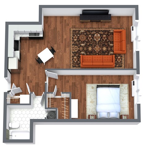 Floor plan for 1 bed, 1 bath, 640 sqft